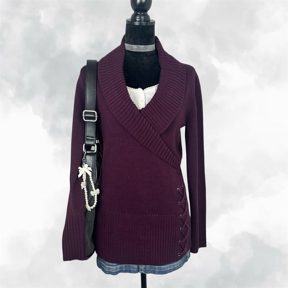 VENUS Plum Ribbed Shawl Collar Cozy Sweater with Side Lace Up Detailing